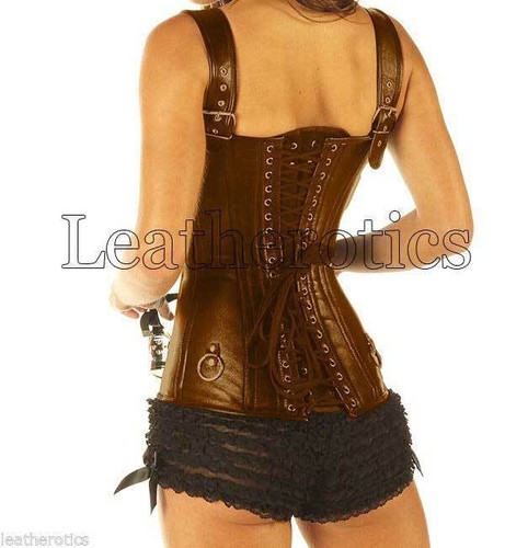 Antique Brown Double Steel Boned Real Leather Corset Steampunk 8300 - Picture 3 of 3