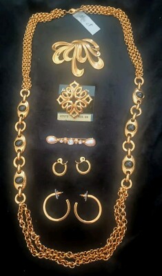 VTG ALL SIGNED Monet Golden Links 40'' Necklace-3 Brooches 2 pair Hoops Earrings