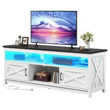 TV Stand for 55 to 75 in TVs With Power Outlet Adjustable Open Shelves Barn Door