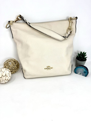 Coach White Pebbled Shoulder Bag Gold Hardware Zip Closure Braided Strap Large