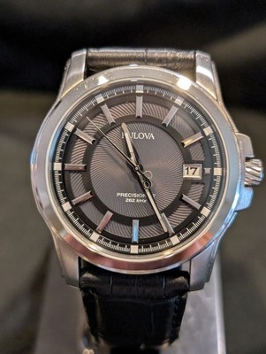 Bulova Precisionist Gray Dial Silver Tone Black Leather Band Men's