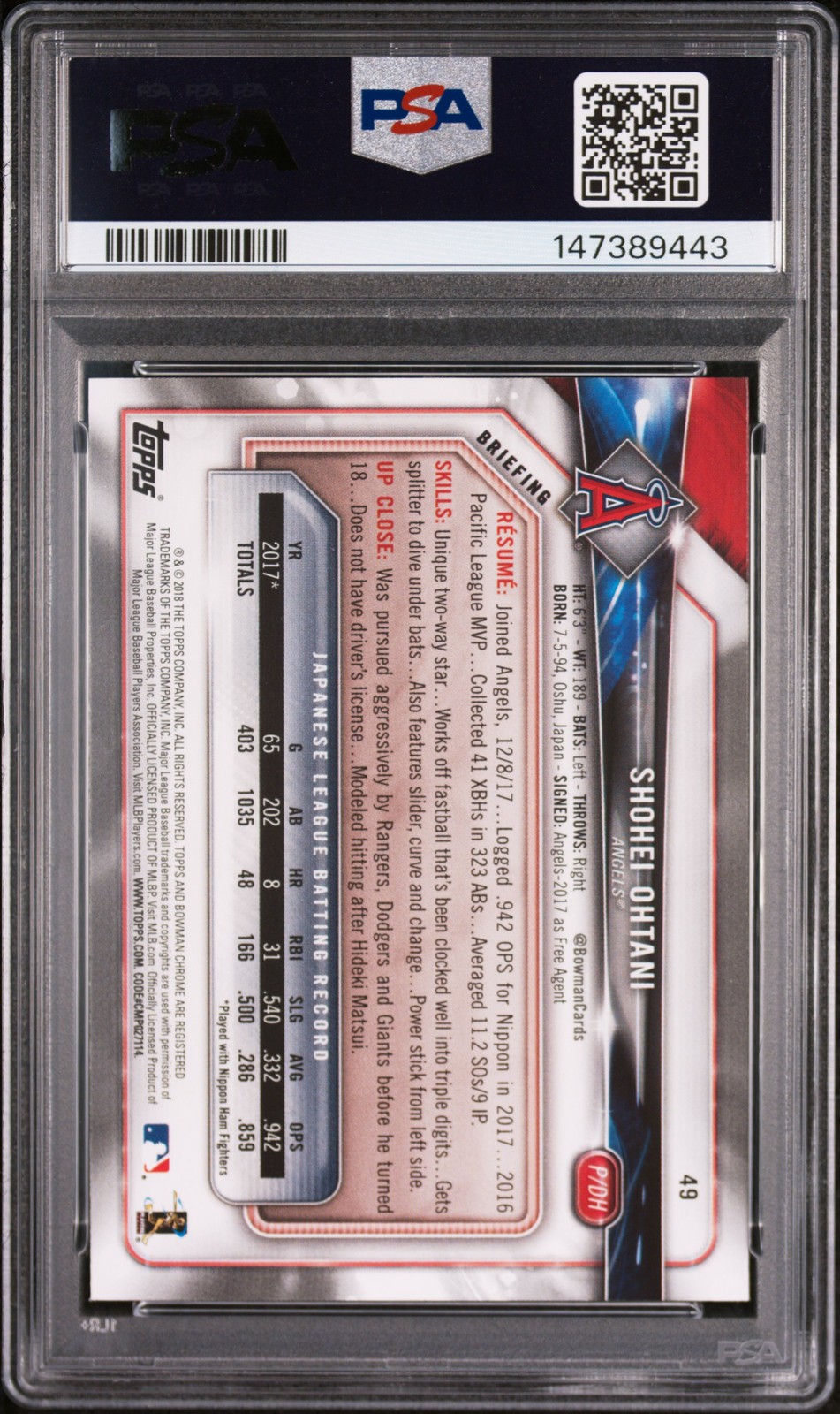 2018 BOWMAN #49 SHOHEI OHTANI ROOKIE RC PSA 8 view 2