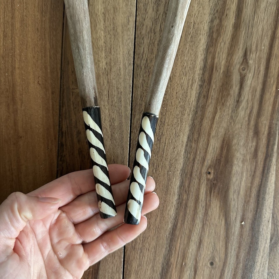 Wooden Salad Server Set with Black and White Decorative Handles Made In
