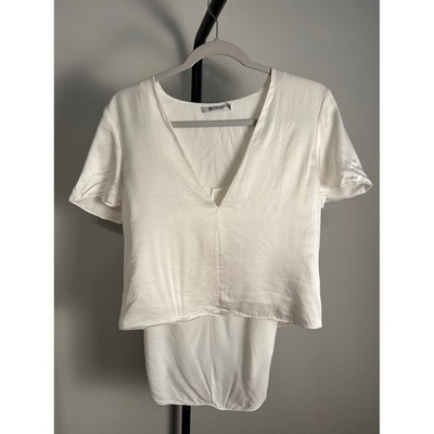 T Alexander Wang Silk V-Neck Layered Blouse White Size 4 Short Sleeve Satin Top