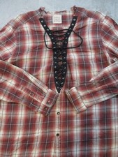 Furst Of A Kind Shirt Womens Large Red Plaid Flannel Lace Up Tunic Grunge V Neck