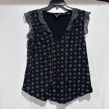 Lucky Brand Shirt Size M Black Gray White Boho Paisley Sleeveless Ruffle Top
