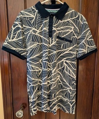 Denim & Flower Ricky Singh Men's L Knit Polo Shirt Blue Leaves Pattern