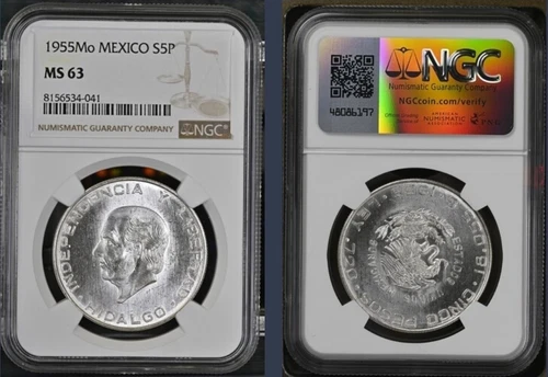 1955 Mo MEXICO SILVER 5 PESOS S5P HIDALGO NGC MS63 BRIGHT BU (As Pictured)