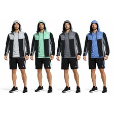 Mens Stretchy Workout Tri Set Shirt Shorts Jacket Fitness Gym Sportswear Outfit