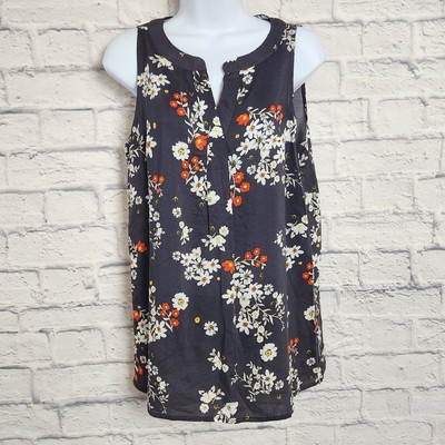 Rose & Thyme Ladies Top Size Small Navy Blue Floral Print Sleeveless Blouse 