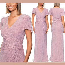 NWT XSCAPE [ 20W PLUS ] ShimmeringFluter Sleeve Knit V-Neck Gown Rose Pink S2065