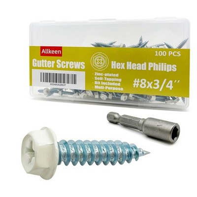 #8 x 3/4'' White Gutter Screws Self-Tapping Hex Head Zinc Plated 50Pc