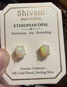 Authentic Shivam Ethiopian Opal Gemstone Stud Earrings 14k Gold Plated Sterling Silver