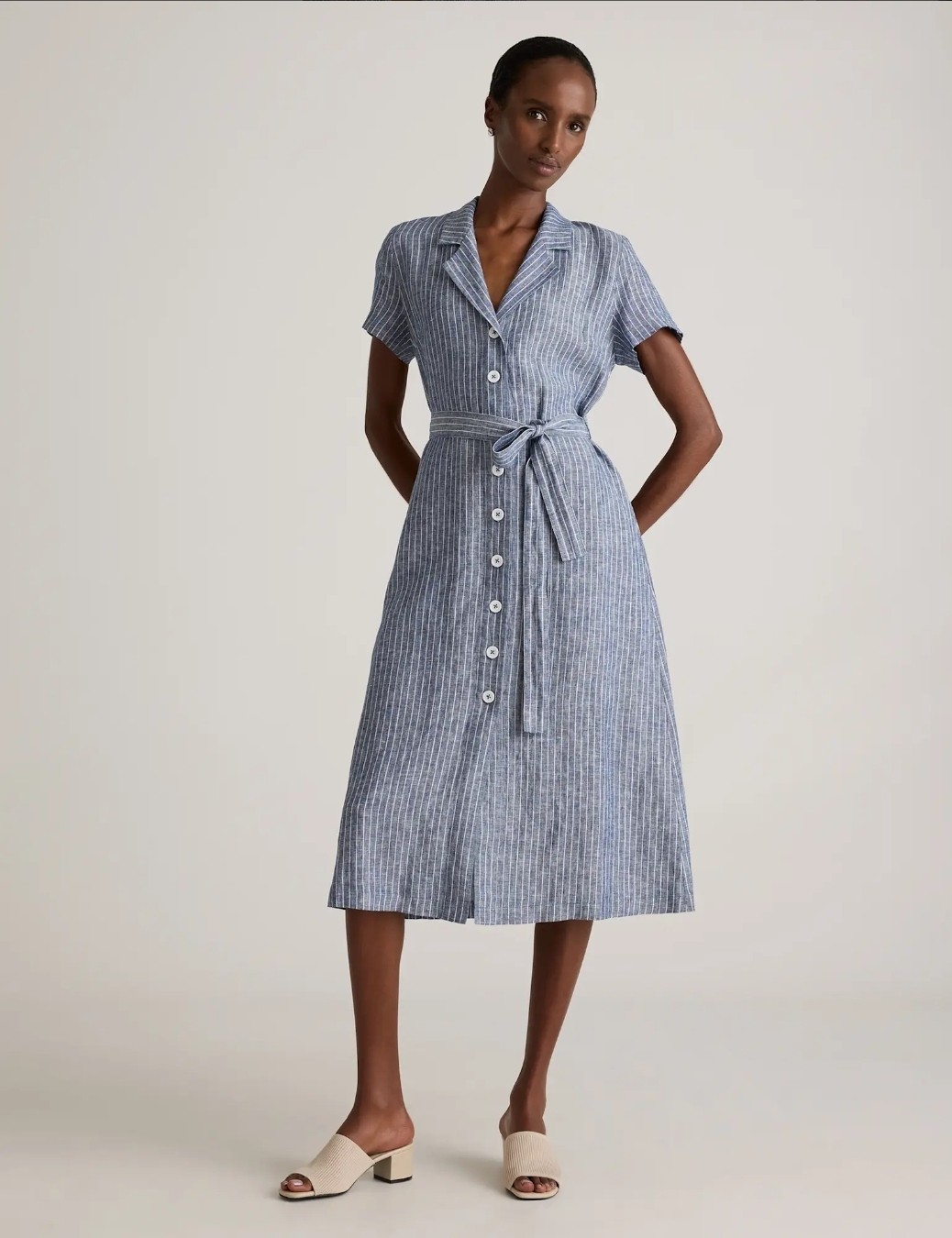 Quince European Linenidi dress Button Front Chambray Stripe Coastal Size M