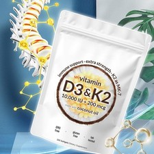 D3 10000 Iu Plus K2 MK-7 200 Mcg, 300 Virgin Coconut Oil Softgels Vitamin