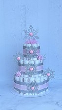 3 Tier Snowflake Diaper Cake Baby Shower Girl , Kirkland Brand Diaper Size 1