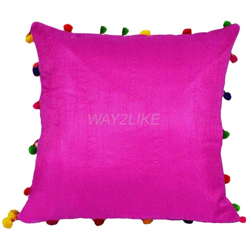 Cushion Cover Poly Dupion Silk With Pom Pom Pillowcase for Couch Sofa Pack of 2 - Picture 6 of 21
