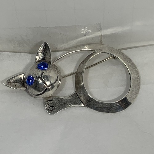 Vintage Mexiko Sterlingsilber 925 Katze Anstecknadel Modernist Umriss Strass Augen 2,5" - Bild 5 von 13