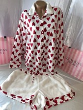Victoria's Secret Pajama Flannel Set Fleece Trim Heart Print Lge/XL