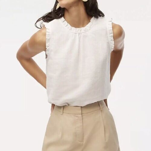 J Crew Top Size L White Linen Cotton Blend Sleeveless Ruffle Neck and Sleeves