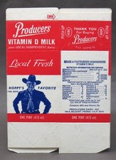 HOPALONG CASSIDY one pint UNUSED milk carton Vitamin D Milk PRODUCERS Fresno