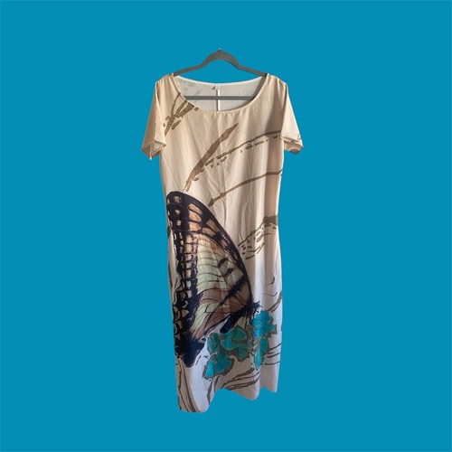 Long Kaftan Dress Art To Wear Size L Big Butterfly Painting Beige Brown Blue