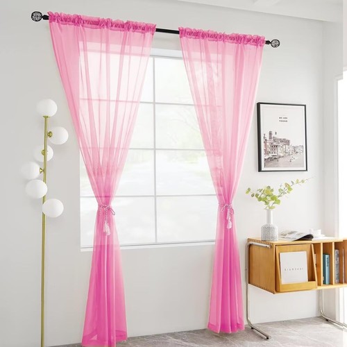 Solid Sheer Rod Pocket Curtain Voile Draperies 2 Panels White Beige Black Grey C - Picture 2 of 11