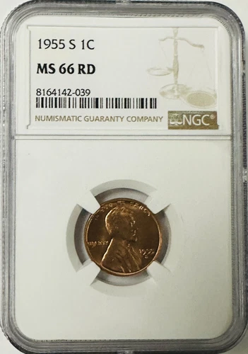 1955-S U.S. Lincoln Wheat Cent Certified by NGC MS 66 RD, Amazing Red Color