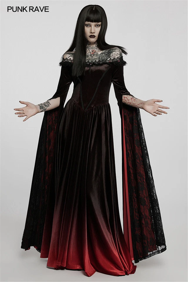 PUNK RAVE Gothic Women Gradient Color Gown Sexy Off Shoulder Lace Long Dresses - Image 3 of 4