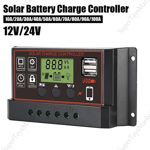 30-100A PWM Solar Charge Controller LCD 12V/24V Dual USB Battery Panel ...