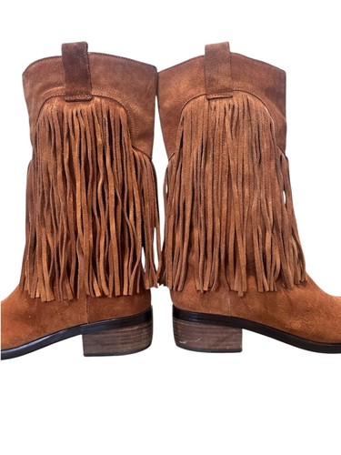 Lucky Brand Caleb Fringe Suede Boots Womens 10 Brown Camo Western Bohemian Retro - Picture 3 of 18