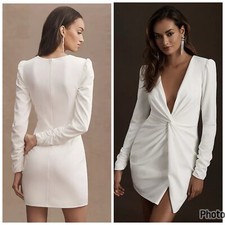 Tadashi Shoji BHLDN Sabine Plunge V Neck Twist Long Sleeve Mini Dress Cream XS