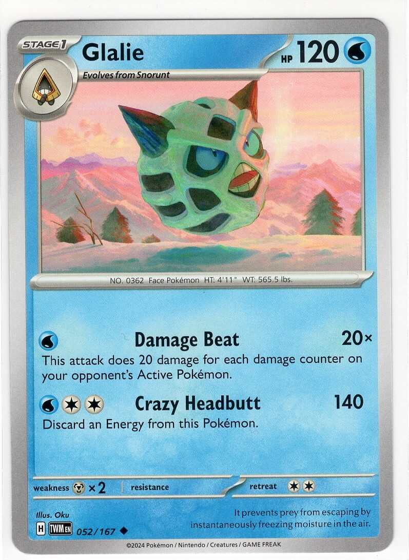 Pokemon TCG Glalie 052/167 Sv06: Twilight Masquerade Regular Uncommon Card 2024