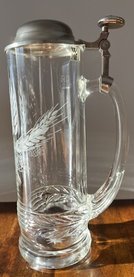 DOMEX WMF Germany Etched Glass Beer Stein Pewter Lid 95% Zinn Shield Wheat