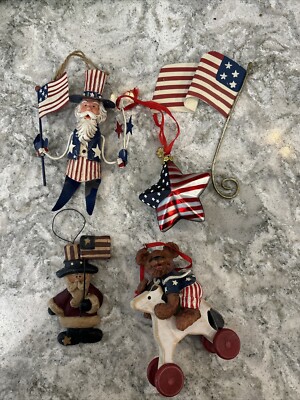 Lot Metal UNCLE SAM INDEPENDENCE Day  5 Ornaments, Bear, Santa, Star Flag