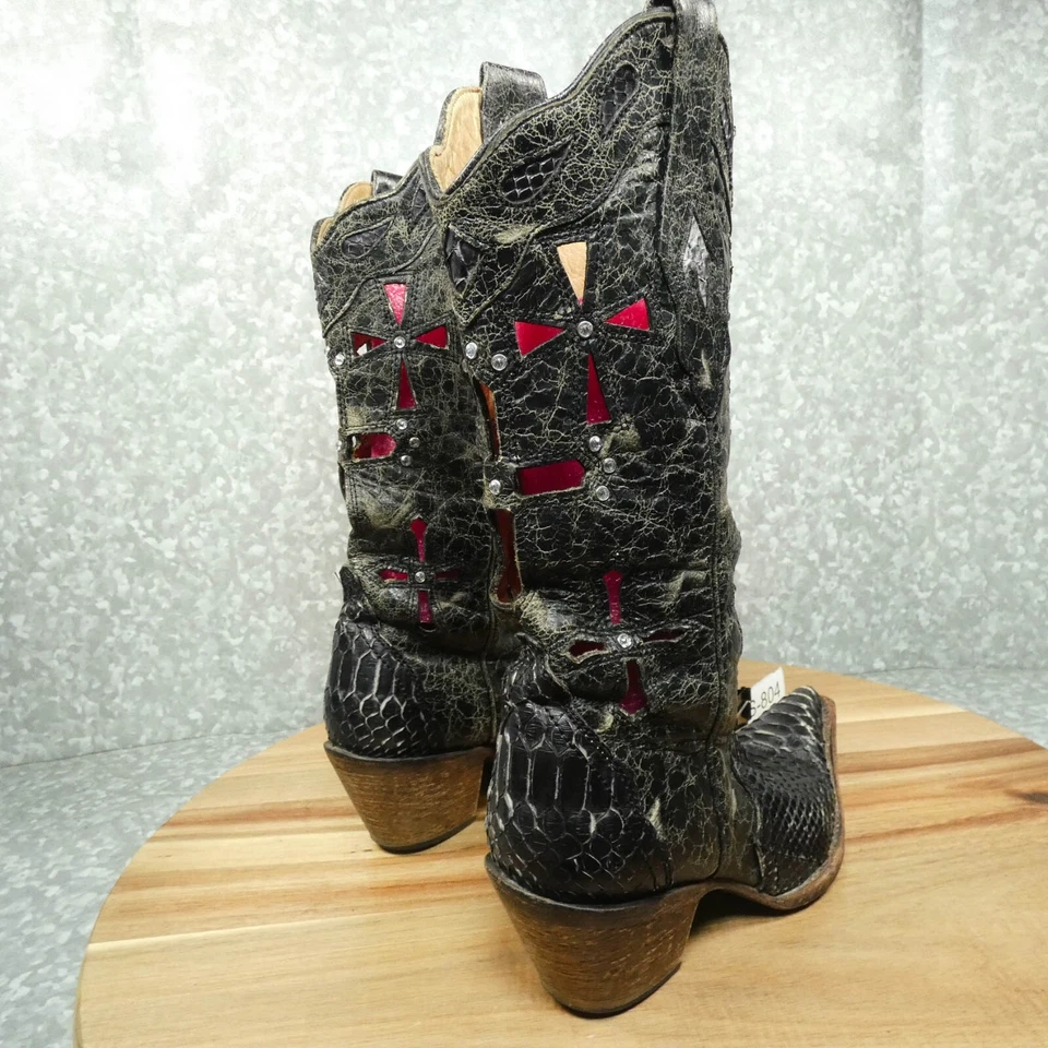 Corral Vintage Boots Womens 6.5M Black / Grey Python w Cross Trim Cutouts C2131 - Image 3 of 4