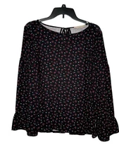 LOFT Women's Top Floral Knit Long Bell Sleeve  Pleated Round Neck Blouse Small