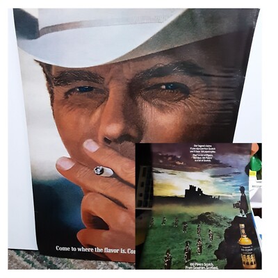 1970 Marlboro Man plus Seagram 100 Pipers Scotch Original Print Ad Vintage