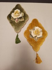 Capodimonte Hanging Wall Plaques Porcelain Flowers On Velvet Diamond Shape 8"