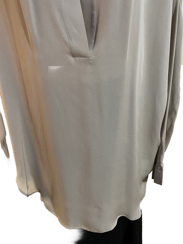 VINCE 100% Pure Silk Blouse Top Oversized Taupe Tan Slit Round Neck Lg Sleeves M - Picture 4 of 11
