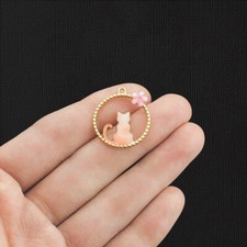 2 Pink Cat Gold Tone Enamel Charms - E1193