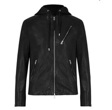 New Allsaints Men  s Harwood Leather Biker Jacket In Black Size Large