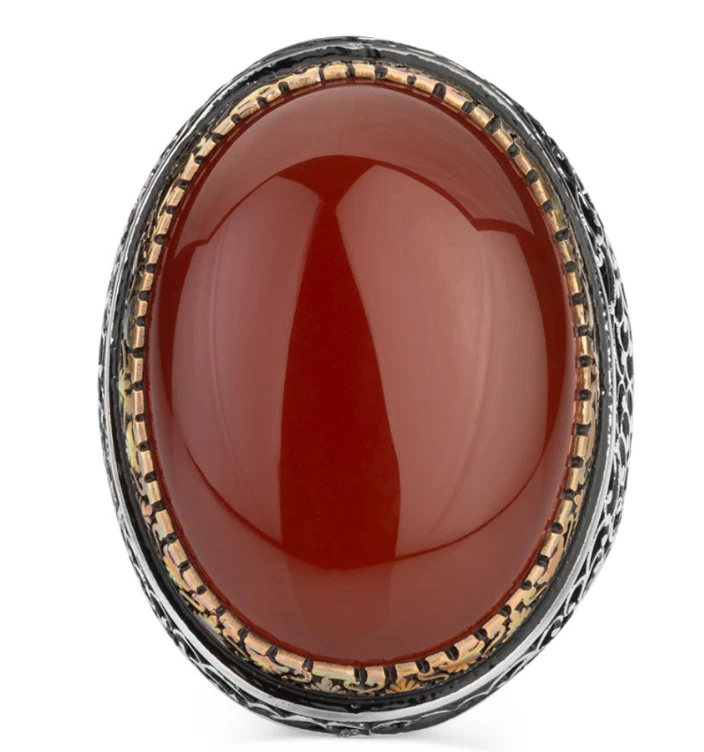 Anillo de regalo hecho a mano de plata de ley 925k piedra roja Aqeeq para hombre Foto 2 de 4