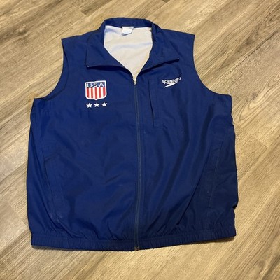 Vintage Men's Speedo USA Vest M Full Zip 3 Pockets Blue Lined Swimmer Olympics