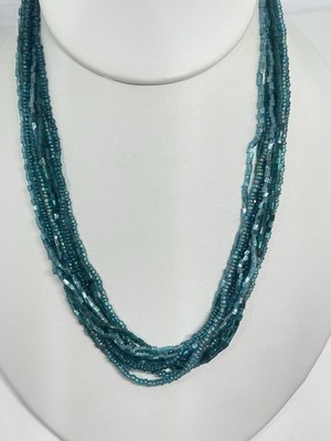 Teal Green Iridescent Glass Bugle Bead Seed Bead Necklace SilverTone Choker 18 