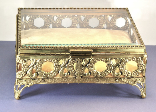 Vtg. MCM Jewelry Casket Filigree Beveled Glass Hollywood Regency Ormolu Brass