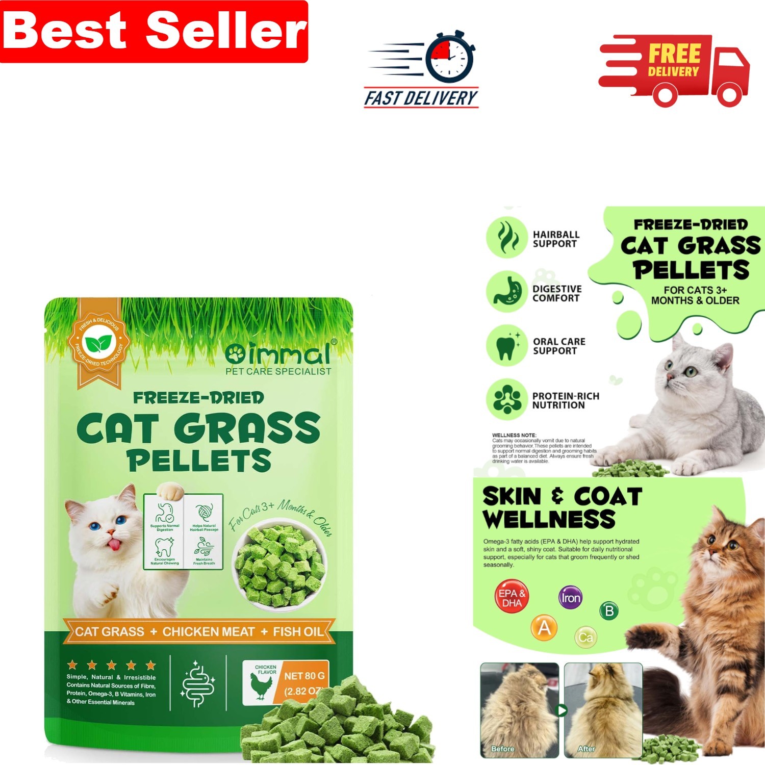 Freeze-Dried 80g Cat Grass Treats - Hairball Management & Skin Care with Chicken
