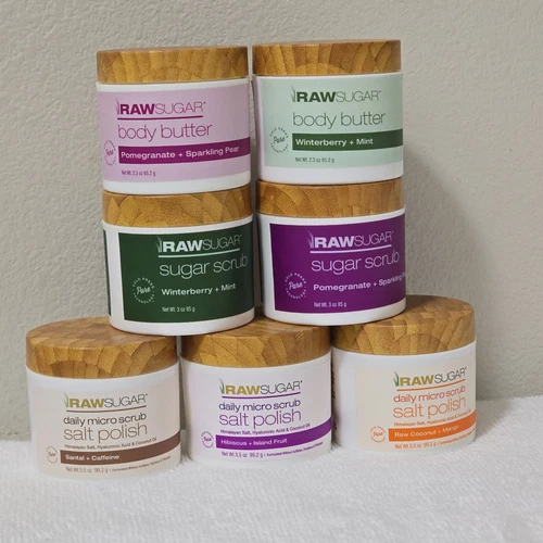 New Lot of 7 RAWSUGAR Sugar Scrub Exfoliation / Body Butter 2.3oz / 3oz / 3.5oz
