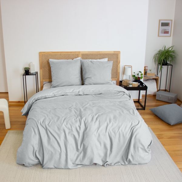 Parure de lit 220x240 microfibre flanelle thermorégulatrice cendre