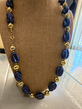 Blue Oval Glass Beaded Statement Necklace Gold-Tone Metal Ball/Bead Chain